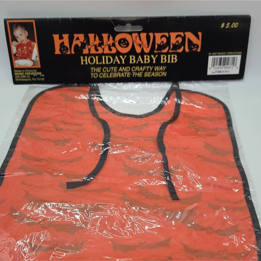 Vintage Halloween Baby Bib Orange Black Bats Yellow Moon 90s Toddler New Sealed